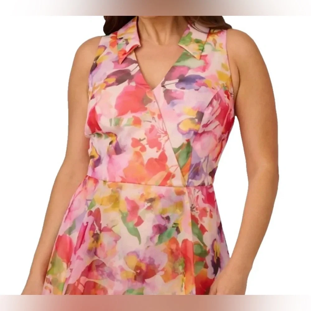 NEW Womens Plus 14W Adrianna Papell Print High-Low Midi Dress Pink Multi $259 - Picture 2 of 12